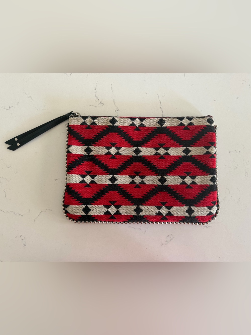 Woven Geometric Wristlet Clutch - Red, Black & Cream
